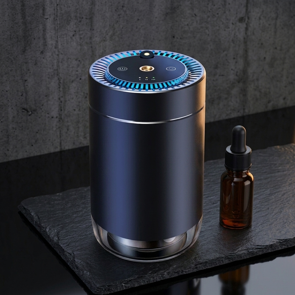Maonoal M80 Luxury car aroma diffuser, photorealistic dark-premium packshot