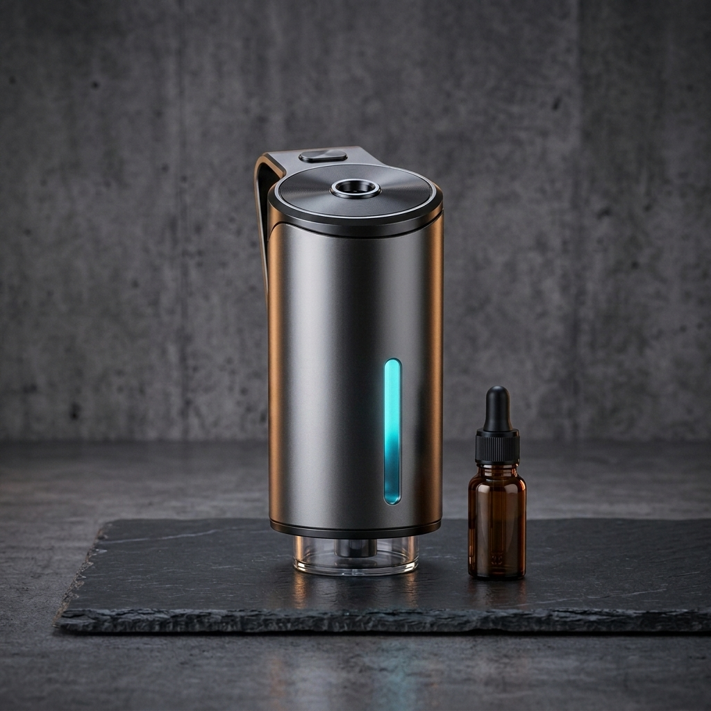 Maonoal M22 metal car aromatherapy diffuser, photorealistic dark-premium packshot