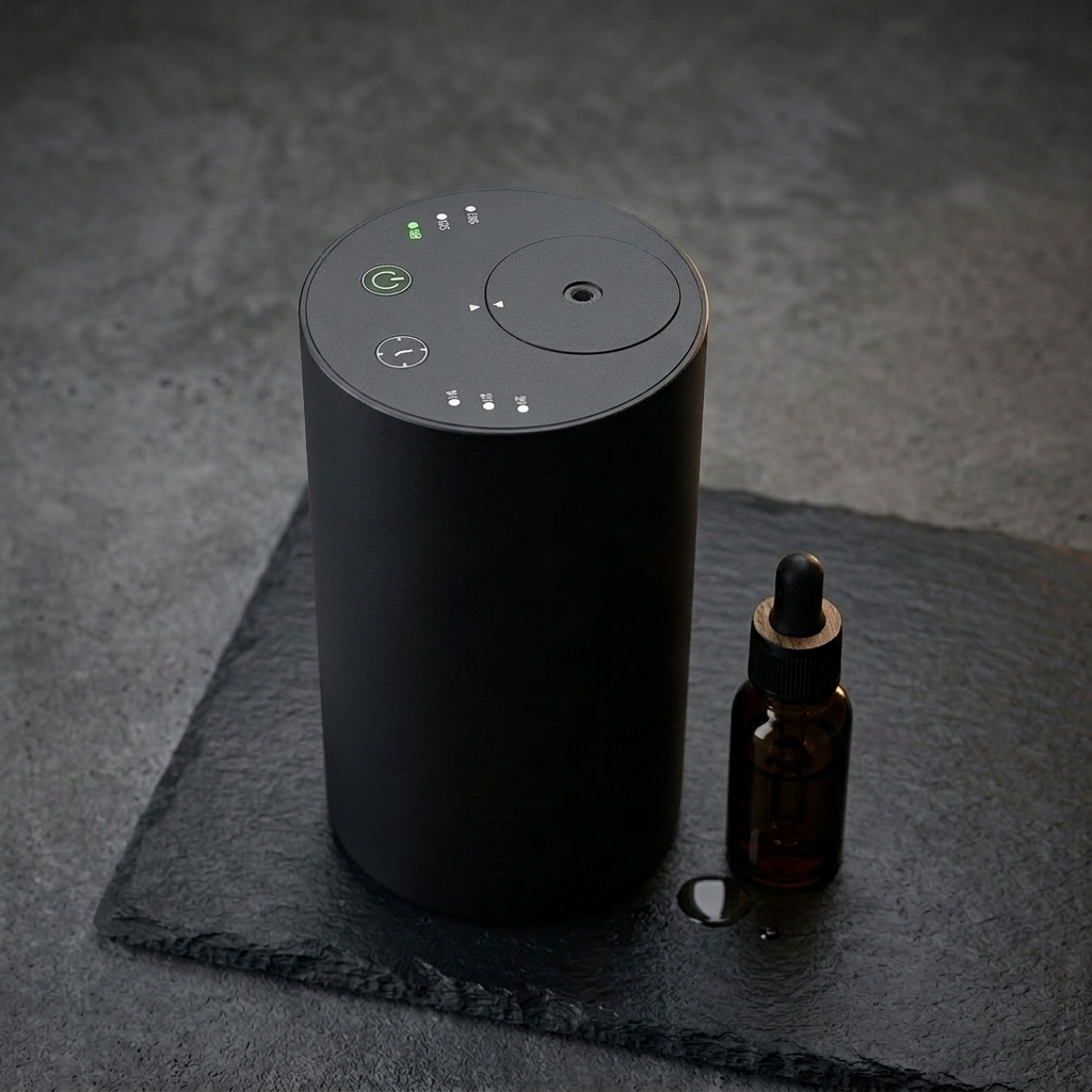 Siweiyi smart waterless car nebulizer, photorealistic dark-premium packshot