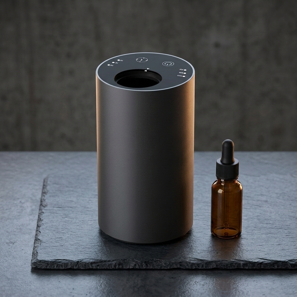 Siweiyi black mini USB oil spray machine, photorealistic dark-premium packshot