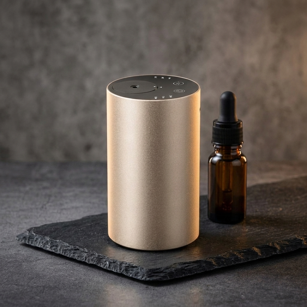 Siweiyi automatic waterless aroma spray, photorealistic dark-premium packshot