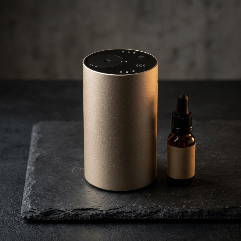Siweiyi pure essential oil car diffuser, photorealistic dark-premium packshot