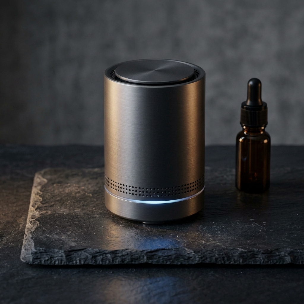 Vossa Pro flagship car diffuser, photorealistic dark-premium packshot