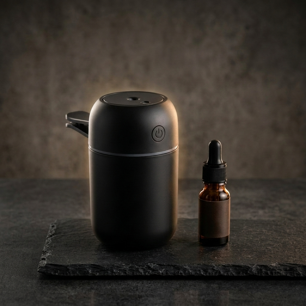 V-Rising 30ml USB car diffuser, photorealistic dark-premium packshot