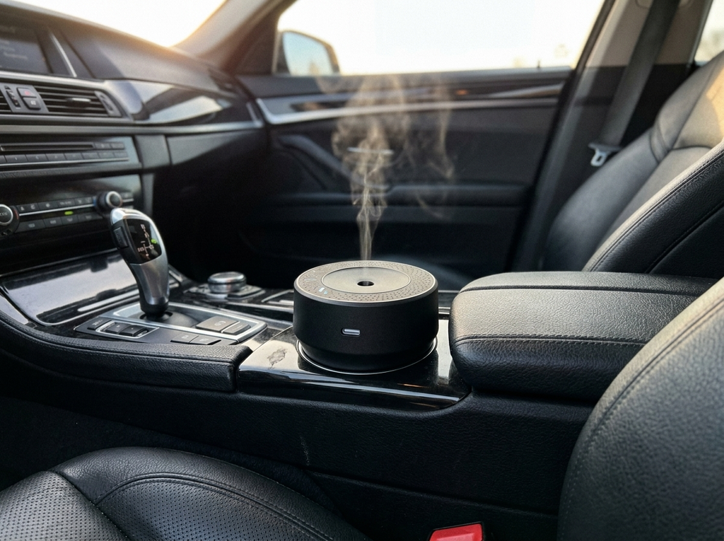 Siweiyi smart spray USB mini car diffuser in use in a luxury cabin at night