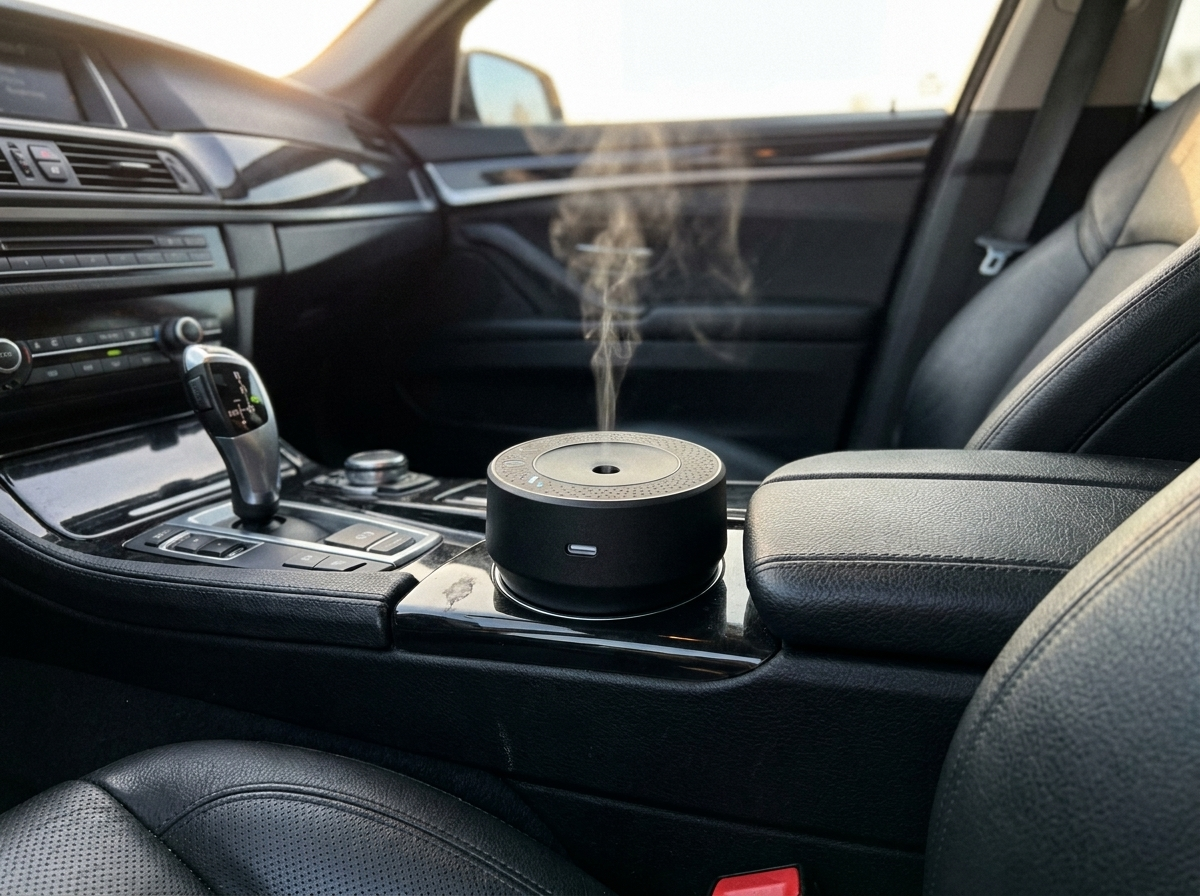 Siweiyi smart spray USB mini car diffuser in use in a luxury cabin at night