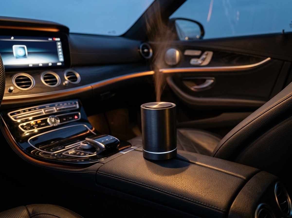 Vossa Pro flagship car diffuser in use in a luxury cabin at night