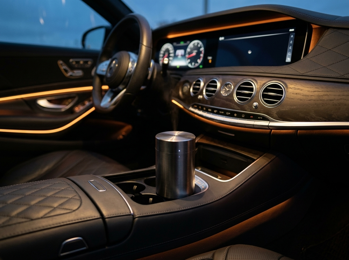 V-Rising portable smart ultrasonic car diffuser in use in a luxury cabin at night