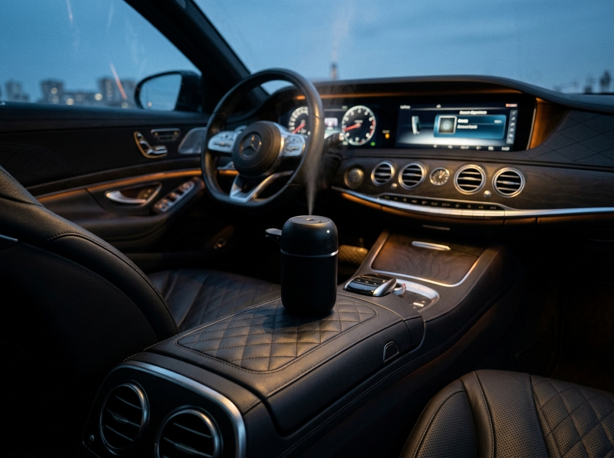 V-Rising 30ml USB car diffuser in use in a luxury cabin at night