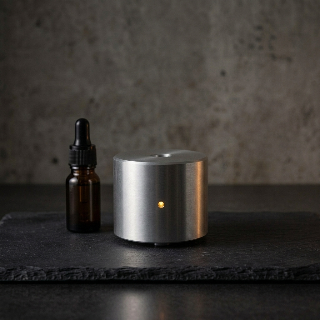 V-Rising WiFi car aroma diffuser, photorealistic dark-premium packshot