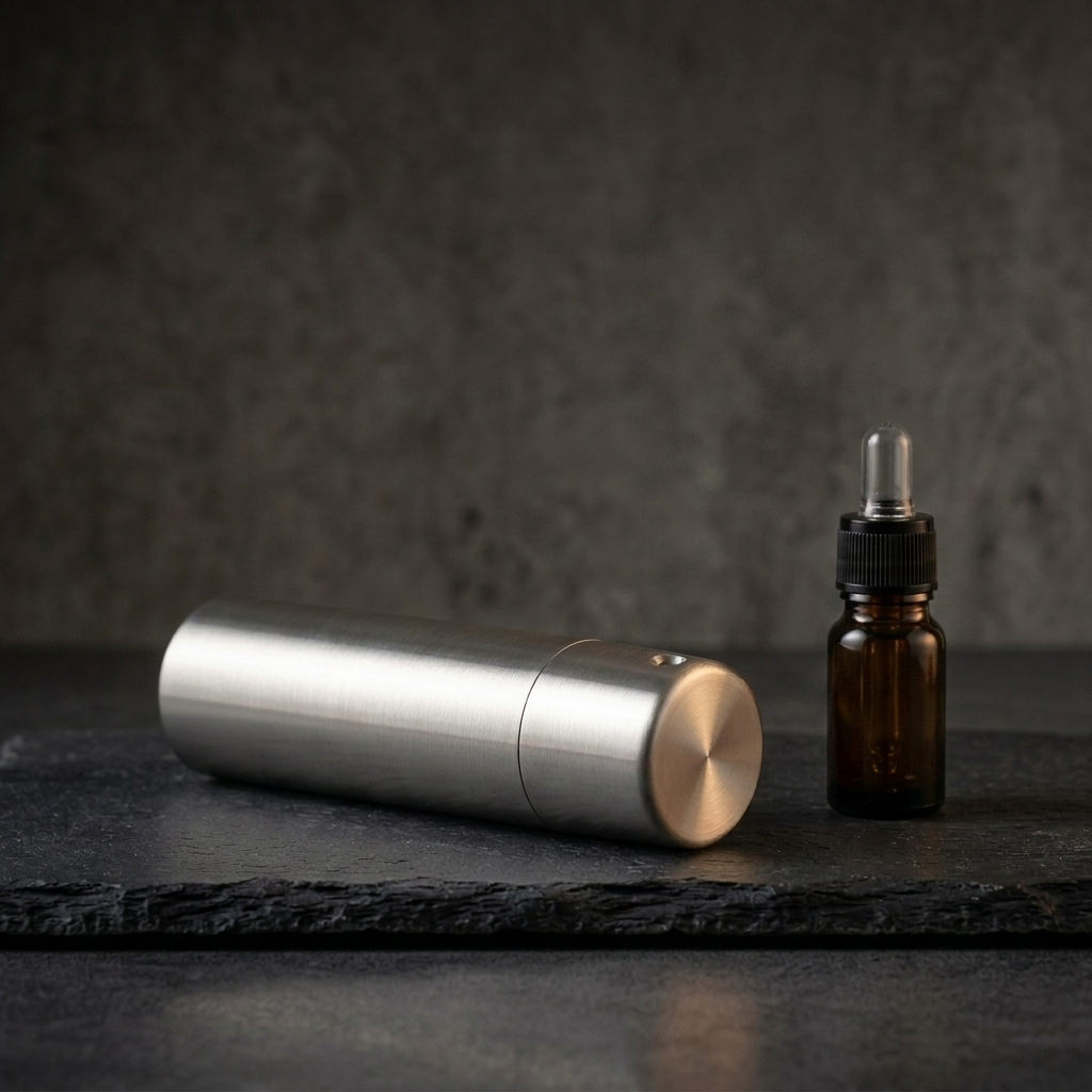 V-Rising USB smart car perfume nebulizer, photorealistic dark-premium packshot