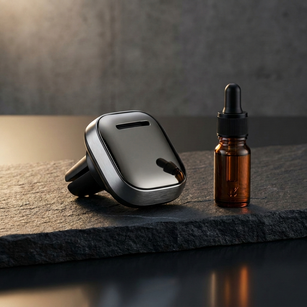 V-Rising luxury mini car nebulizer, photorealistic dark-premium packshot
