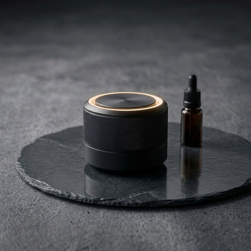 V-Rising Bluetooth smart car diffuser, photorealistic dark-premium packshot