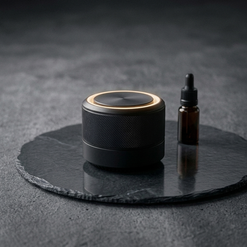 V-Rising Bluetooth smart car diffuser, photorealistic dark-premium packshot