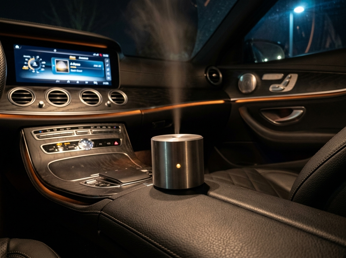 V-Rising WiFi car aroma diffuser in use in a luxury cabin at night