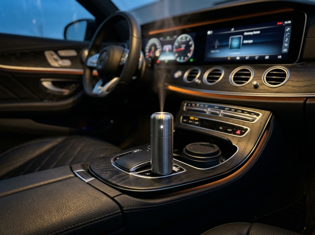 V-Rising USB smart car perfume nebulizer in use in a luxury cabin at night