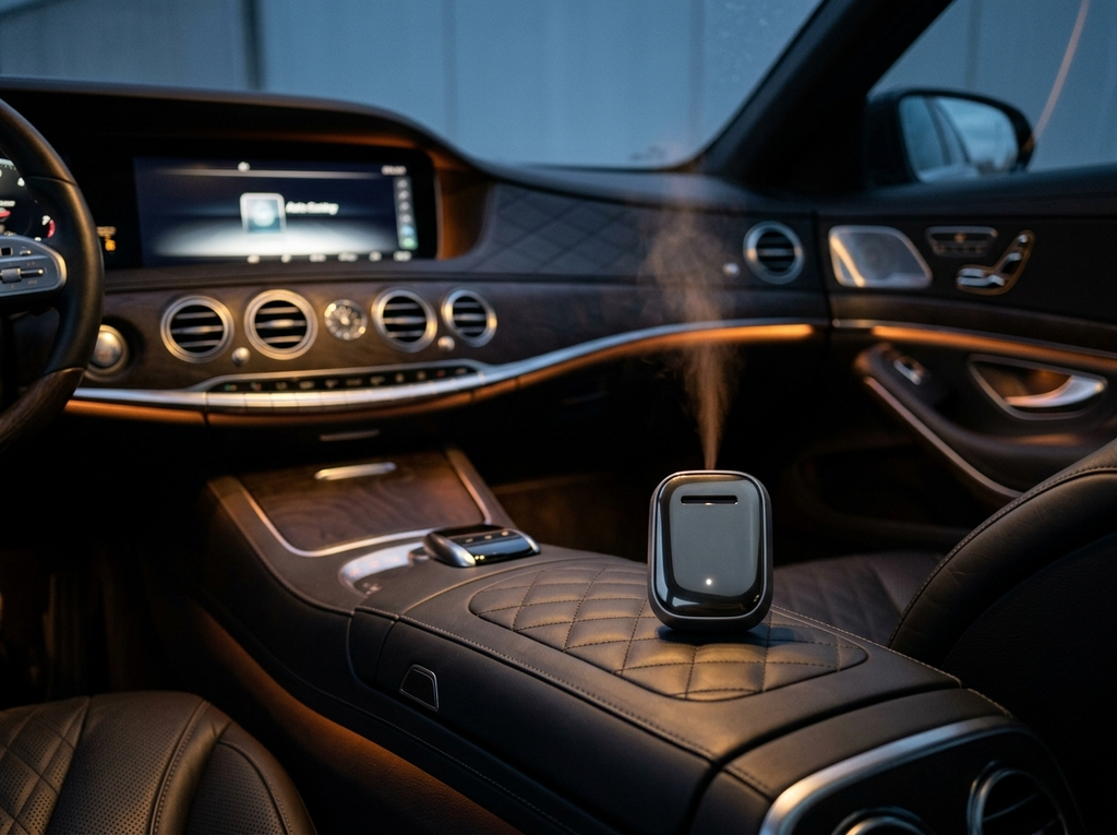 V-Rising luxury mini car nebulizer in use in a luxury cabin at night