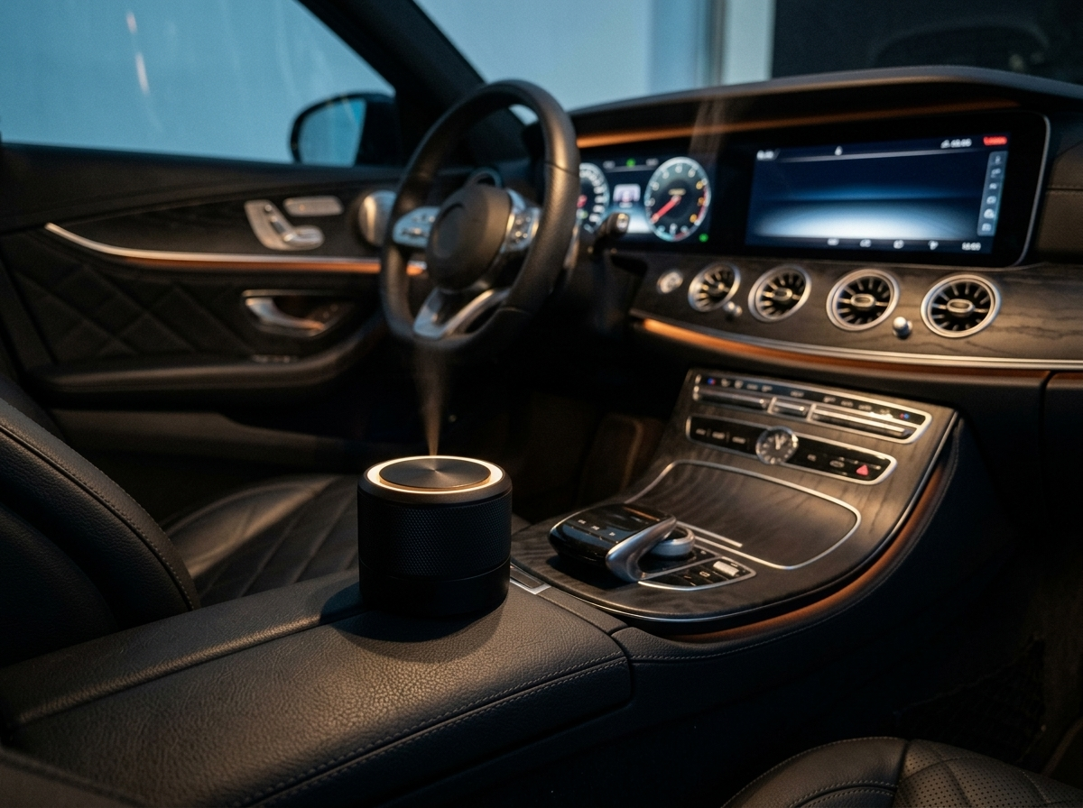 V-Rising Bluetooth smart car diffuser in use in a luxury cabin at night