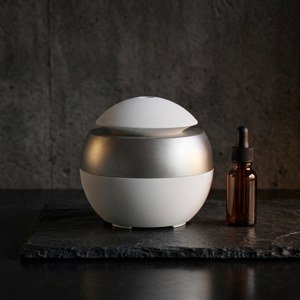 V-Rising luxury wireless mini car diffuser, photorealistic dark-premium packshot