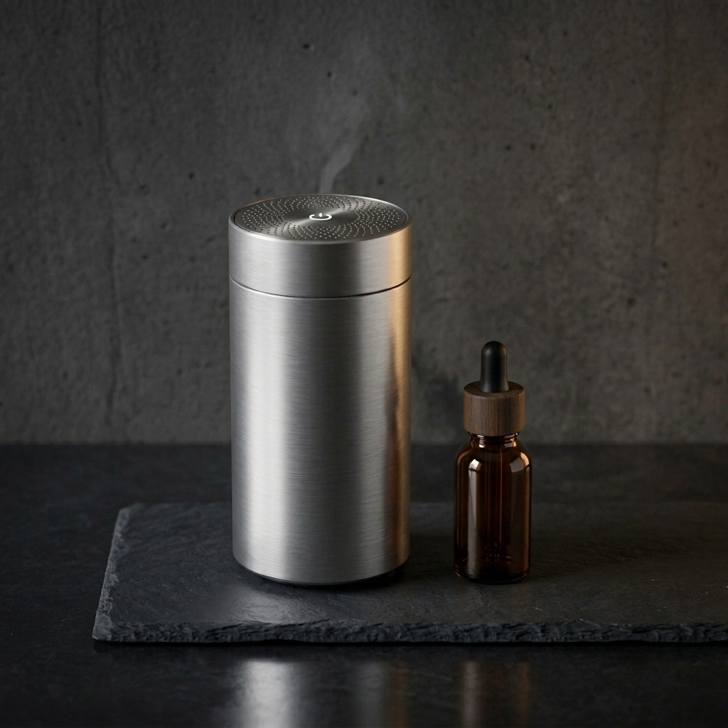 V-Rising aluminum alloy smart car diffuser, photorealistic dark-premium packshot