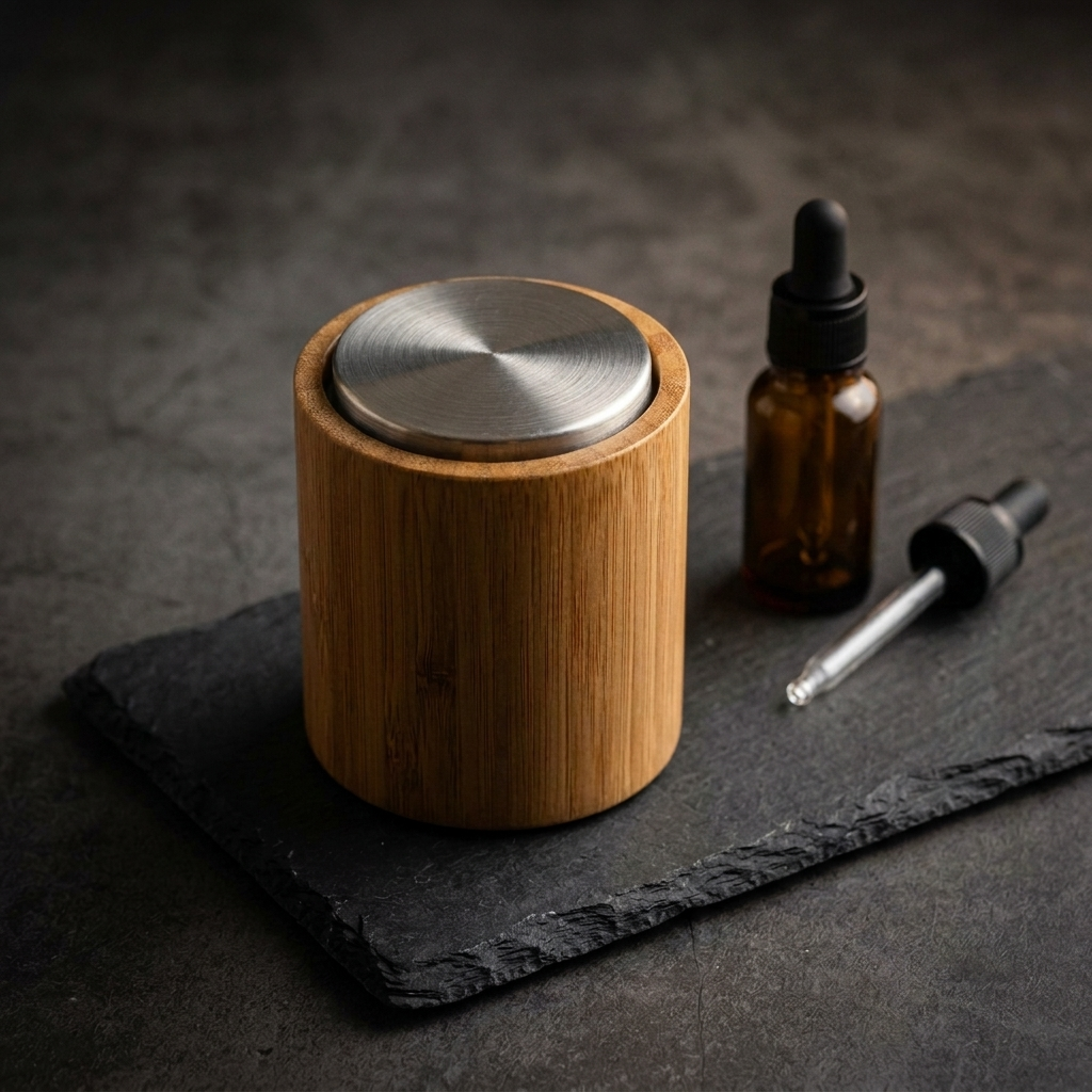 V-Rising bamboo design nano mist car diffuser, photorealistic dark-premium packshot