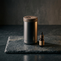 V-Rising dual-bottle ultrasonic car scented diffuser, photorealistic dark-premium packshot