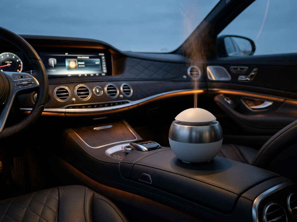 V-Rising luxury wireless mini car diffuser in use in a luxury cabin at night