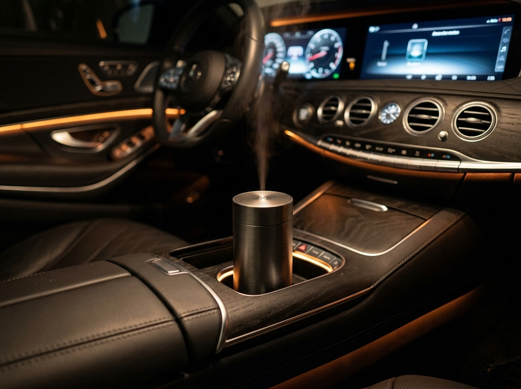 V-Rising aluminum alloy smart car diffuser in use in a luxury cabin at night