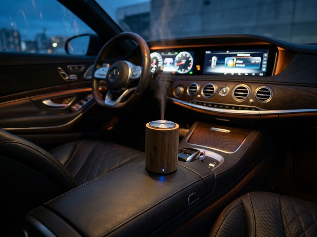 V-Rising bamboo design nano mist car diffuser in use in a luxury cabin at night