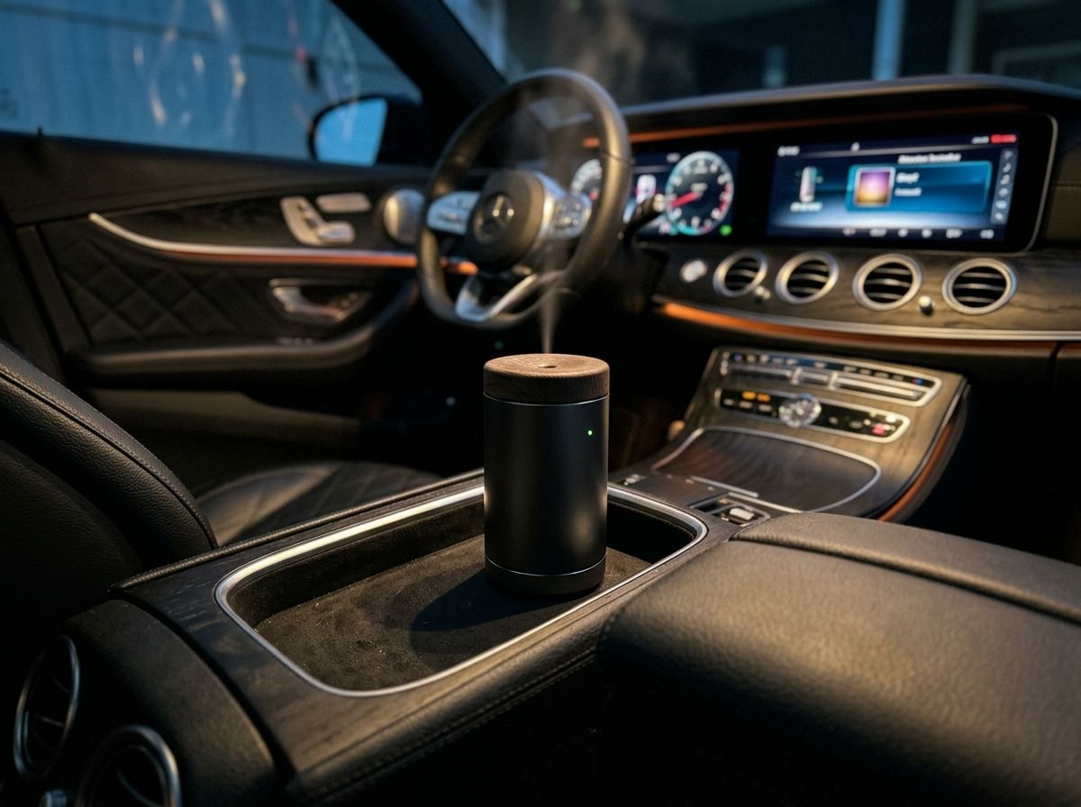 V-Rising dual-bottle ultrasonic car scented diffuser in use in a luxury cabin at night
