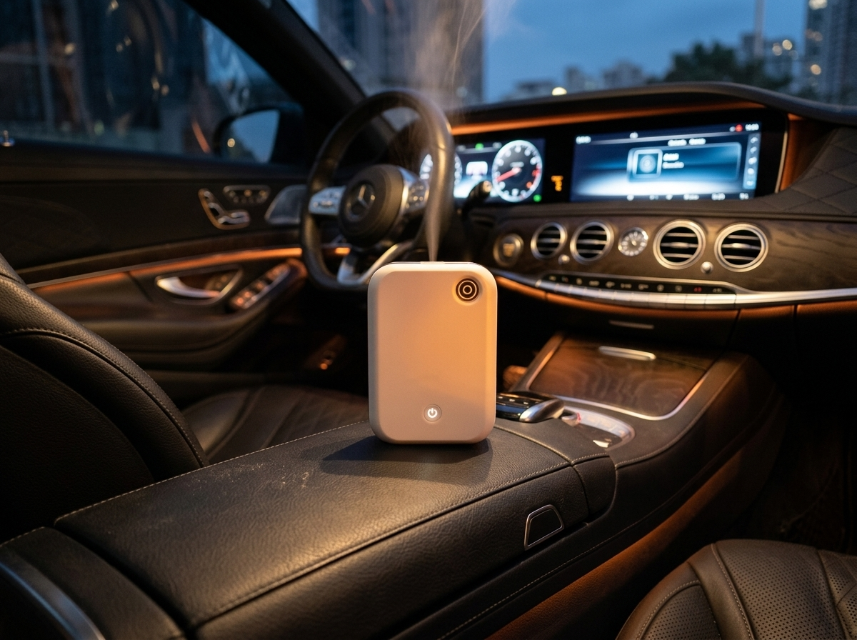 Maonoal M80 Smart car diffuser in use in a luxury cabin at night
