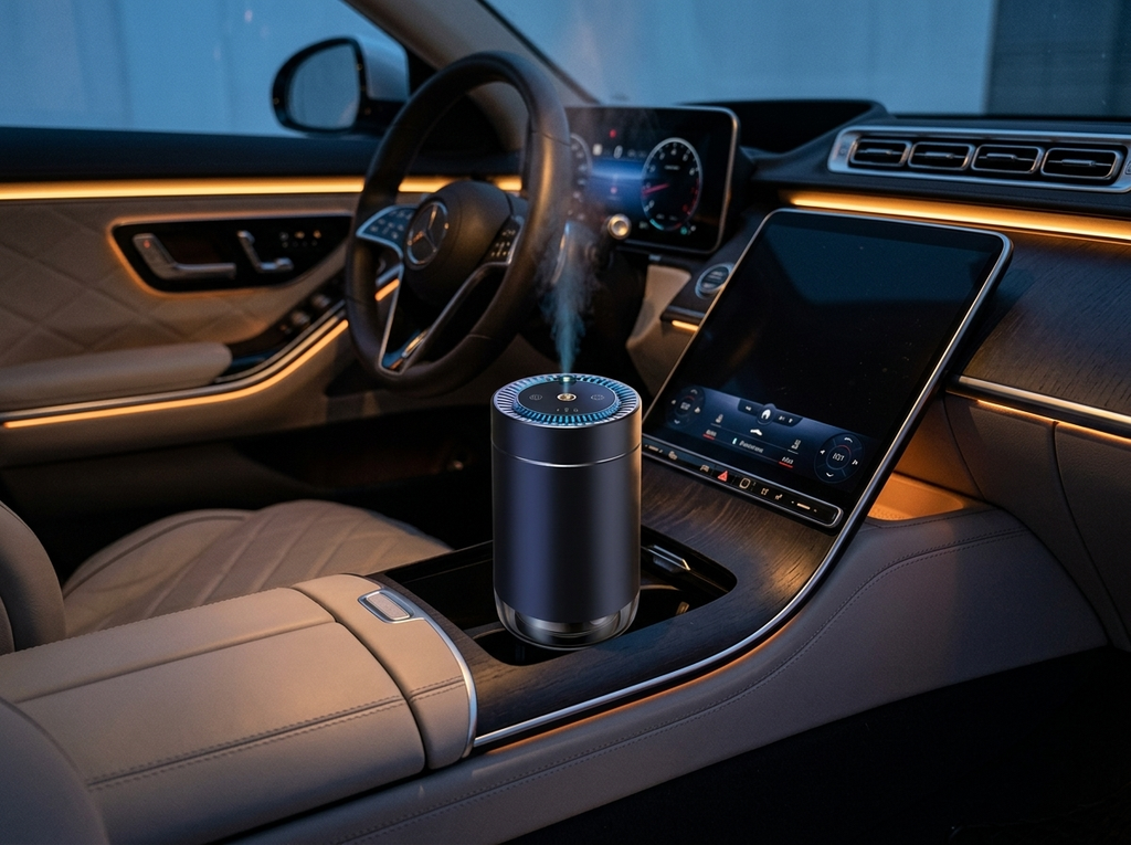 Maonoal M80 Luxury car aroma diffuser in use in a luxury cabin at night