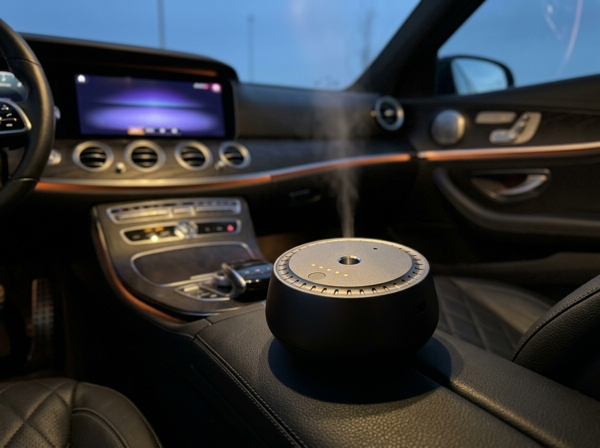 Vossa Sense motion-activated car diffuser in use in a luxury cabin at night