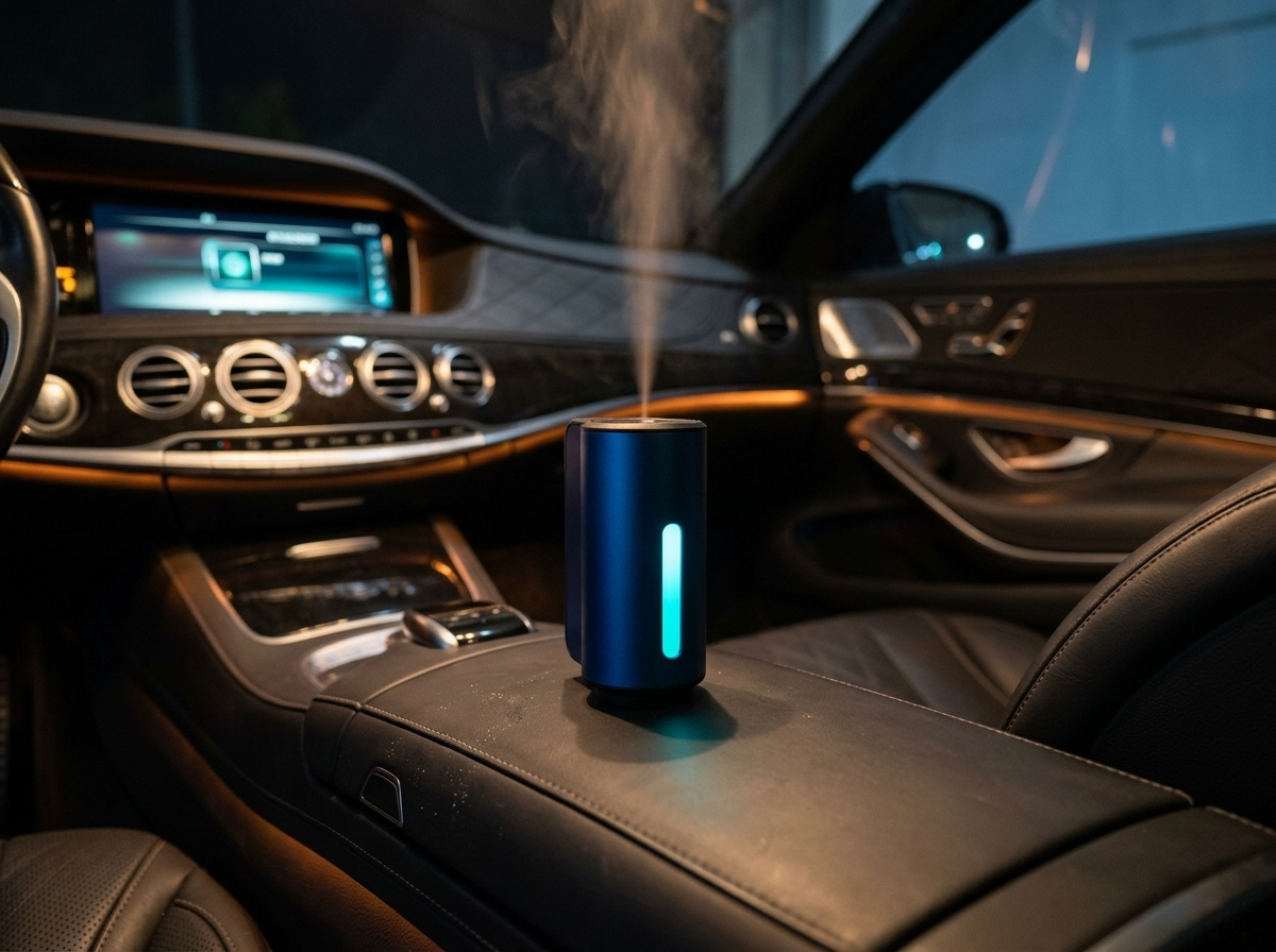 Maonoal M9 car interior odor remover in use in a luxury cabin at night