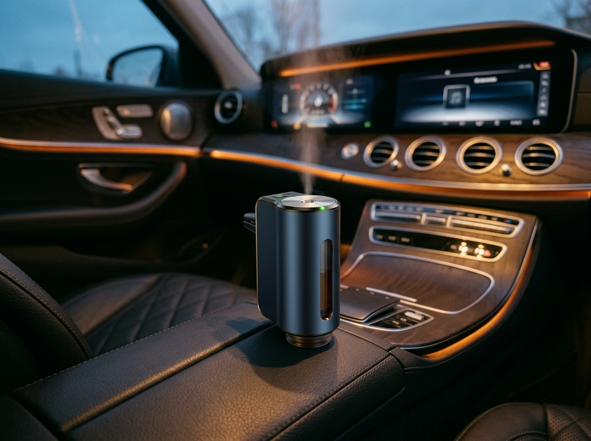 Maonoal M9 metal essential oil diffuser in use in a luxury cabin at night