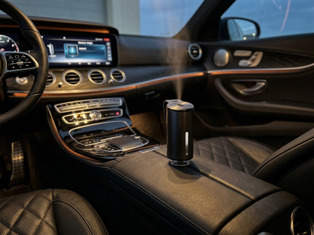 Maonoal M22 metal car aromatherapy diffuser in use in a luxury cabin at night