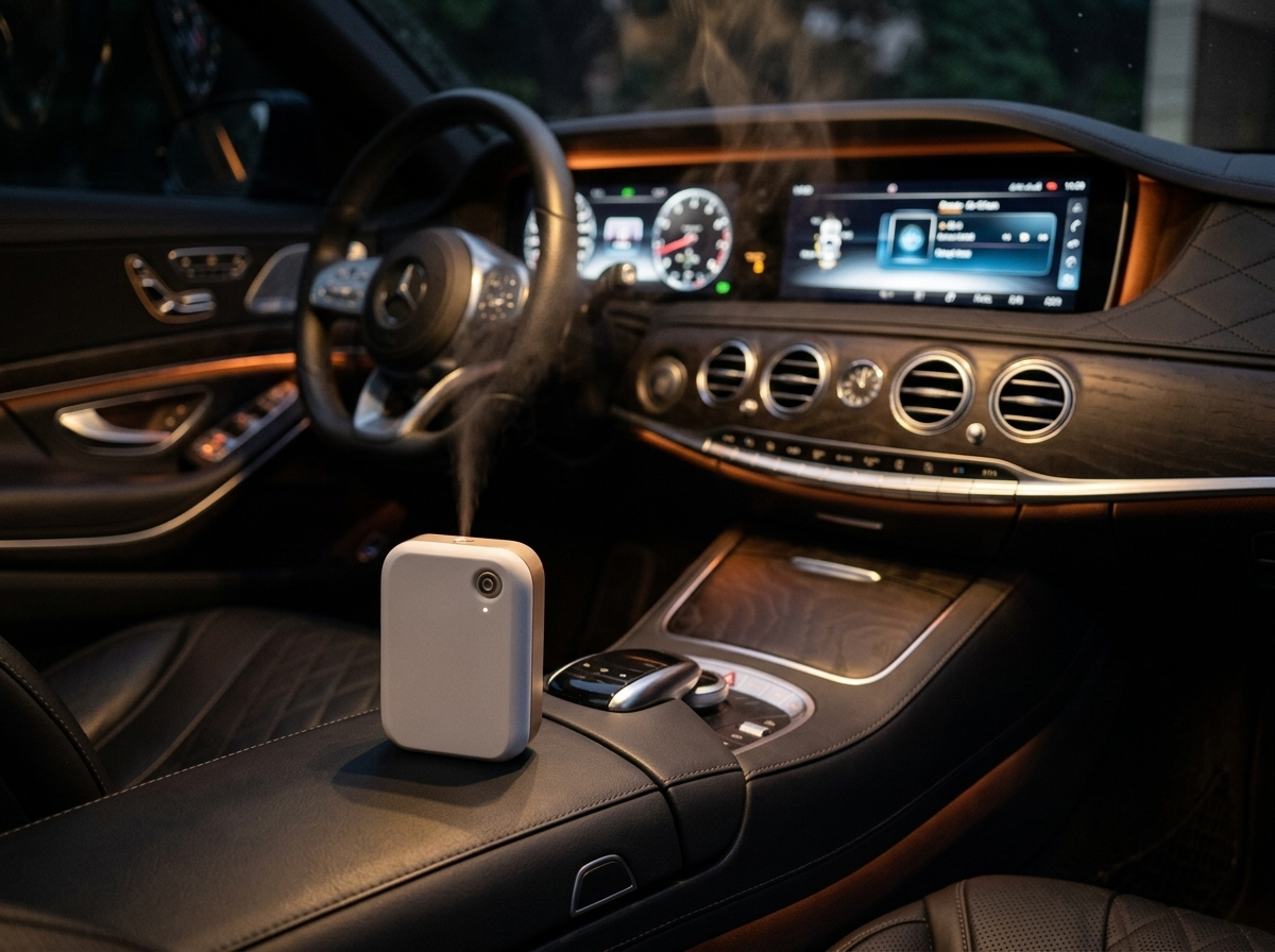 Maonoal A300 USB car scent diffuser in use in a luxury cabin at night