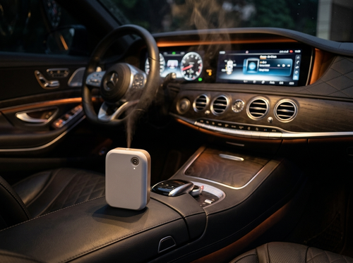 Maonoal A300 USB car scent diffuser in use in a luxury cabin at night