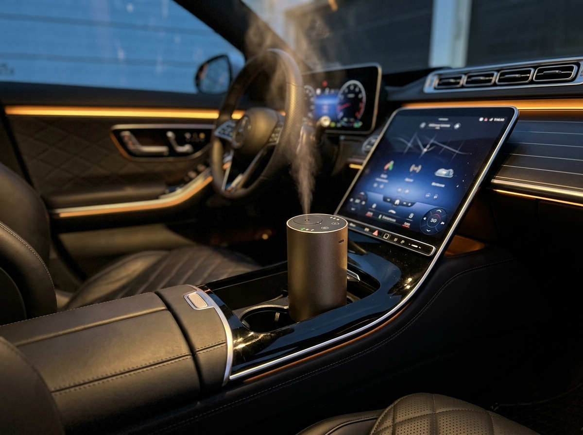 Vossa Smart (DA27) car diffuser in use in a luxury cabin at night