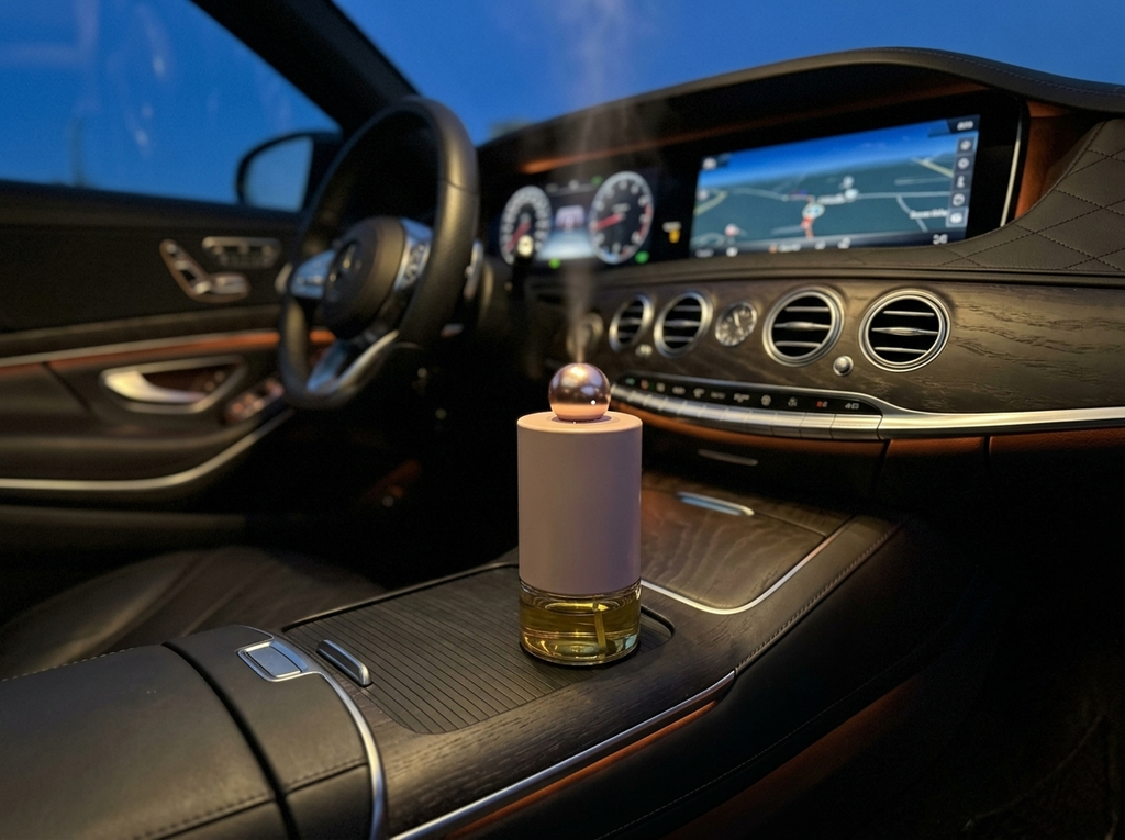 Siweiyi cold-air mist car nebulizer in use in a luxury cabin at night