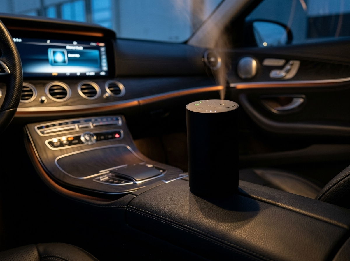Siweiyi smart waterless car nebulizer in use in a luxury cabin at night