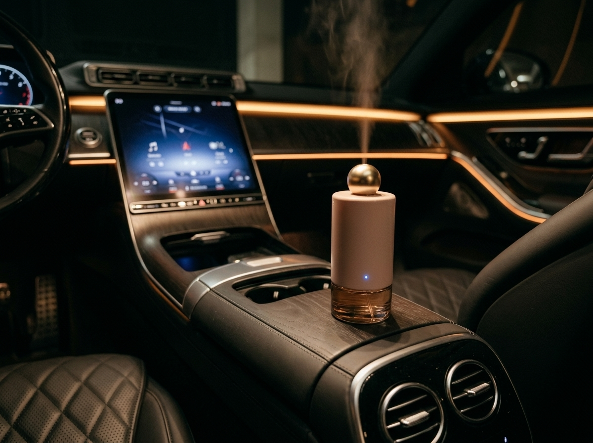 Siweiyi smart luxury mini car fragrance diffuser in use in a luxury cabin at night