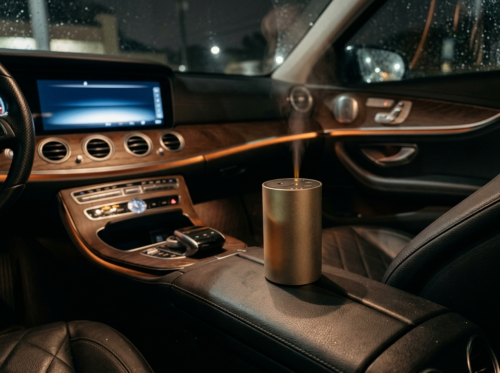 Siweiyi automatic waterless aroma spray in use in a luxury cabin at night