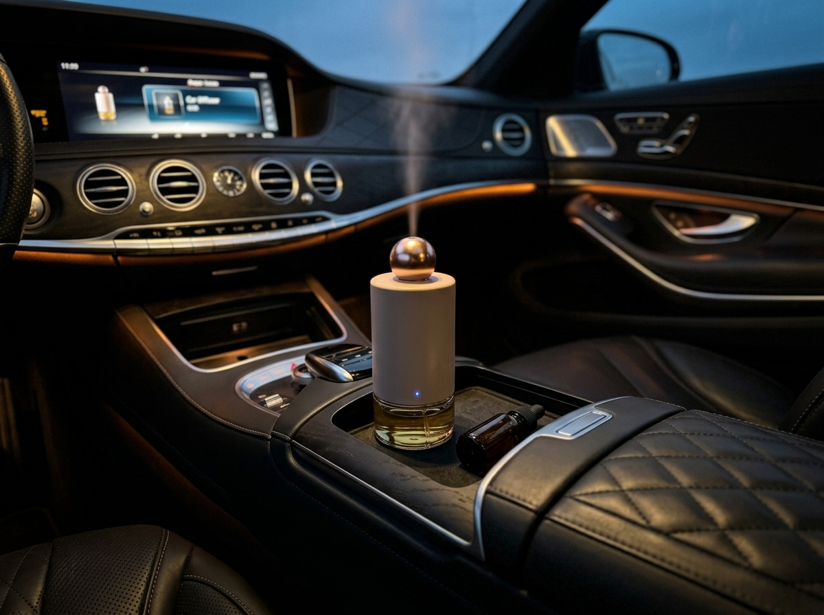 Siweiyi portable mini mist car diffuser in use in a luxury cabin at night