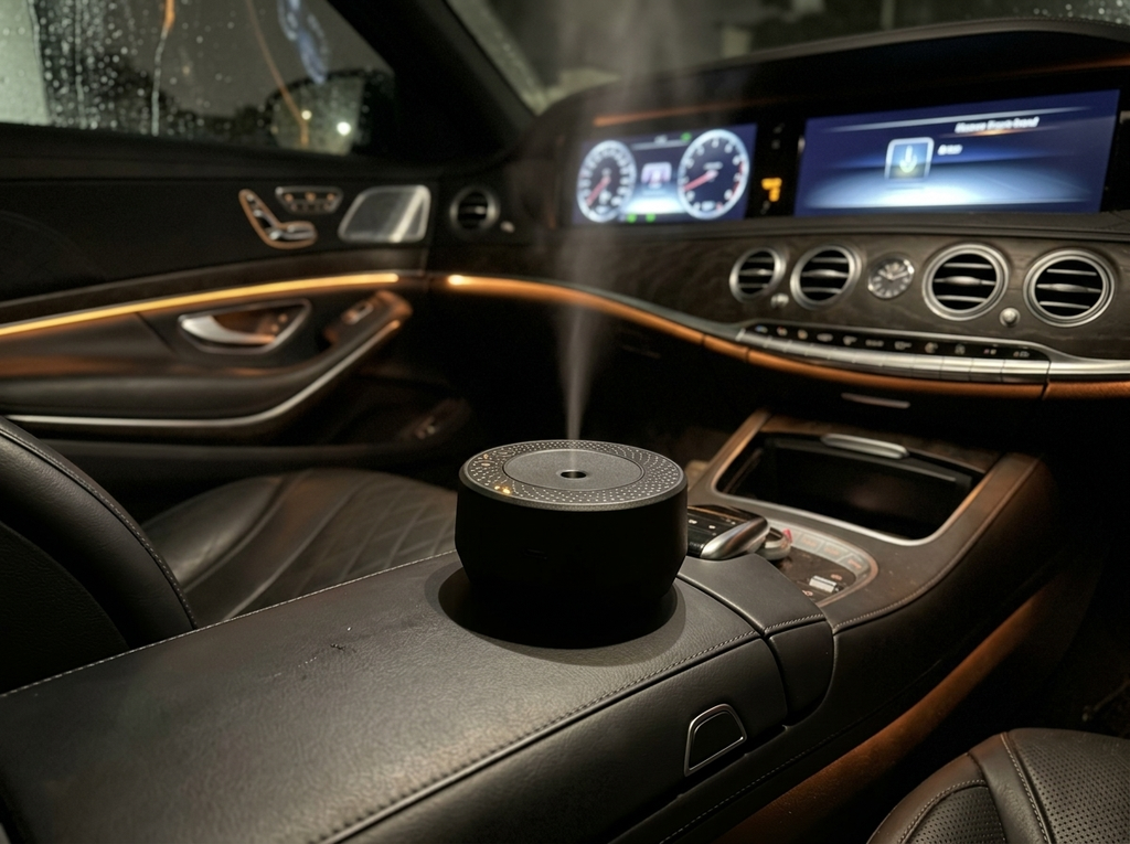 Siweiyi smart wireless car air freshener in use in a luxury cabin at night