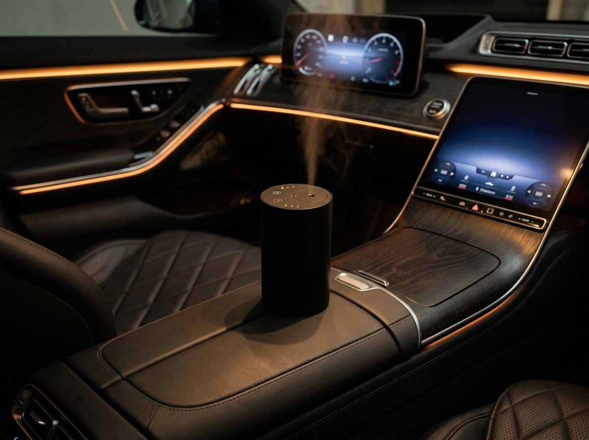 Siweiyi USB smart car automatic diffuser in use in a luxury cabin at night