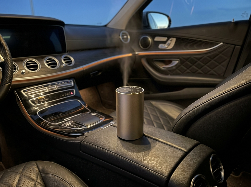 Siweiyi pure essential oil car diffuser in use in a luxury cabin at night