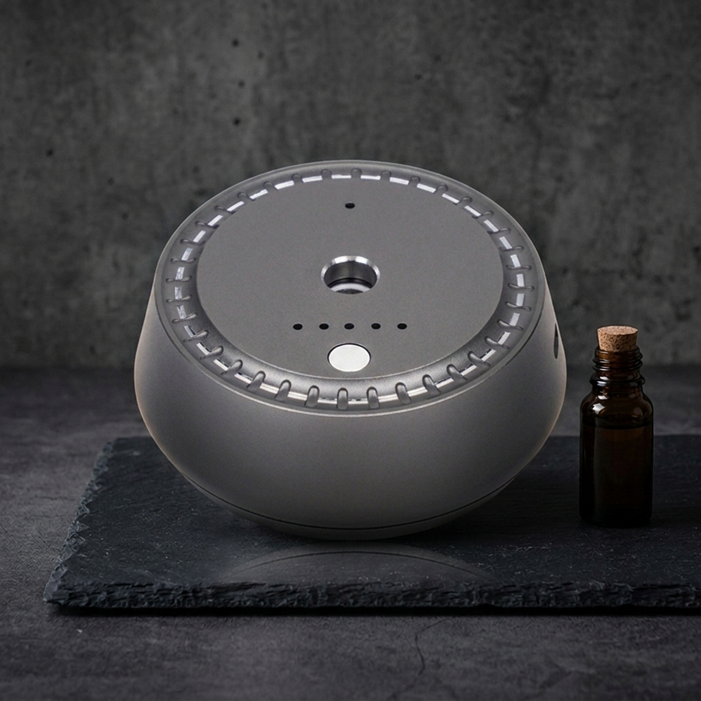 Vossa Sense motion-activated car diffuser standing upright, photorealistic dark-premium packshot